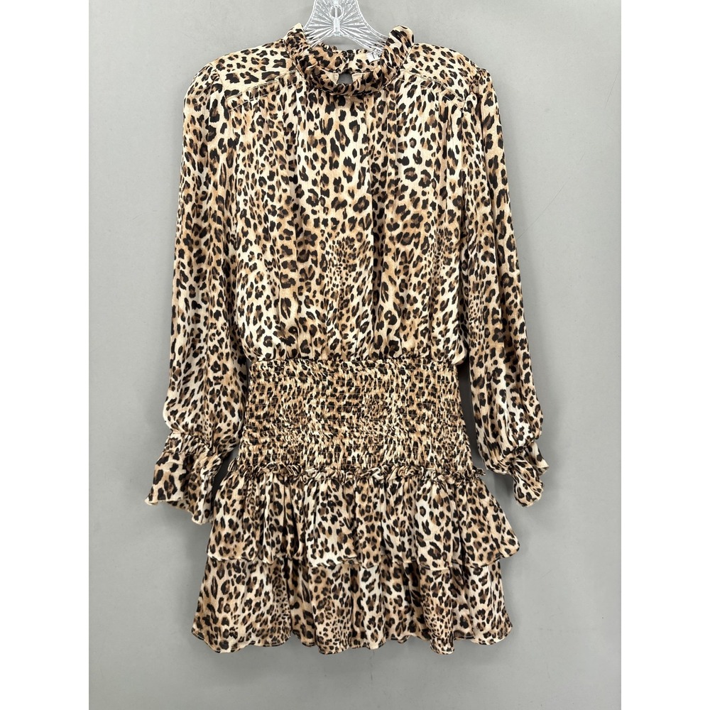 TCEC Dress Small Brown Leopard Long Sleeve Smocked Tiered Ruffle Fit Mini